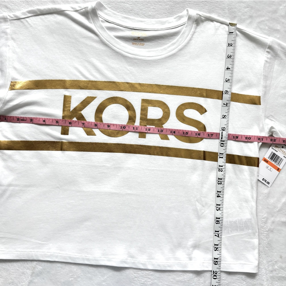 MICHAEL KORS White Gold Foil Cropped Short Sleeve Logo T-Shirt--NWT--S - Picture 15 of 15